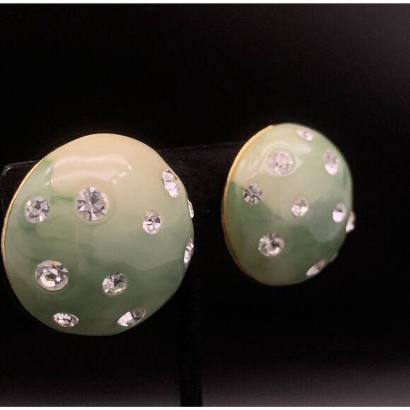 Vintage KJL Gold Tone Green Enamel Rhinestones Clip On Earrings